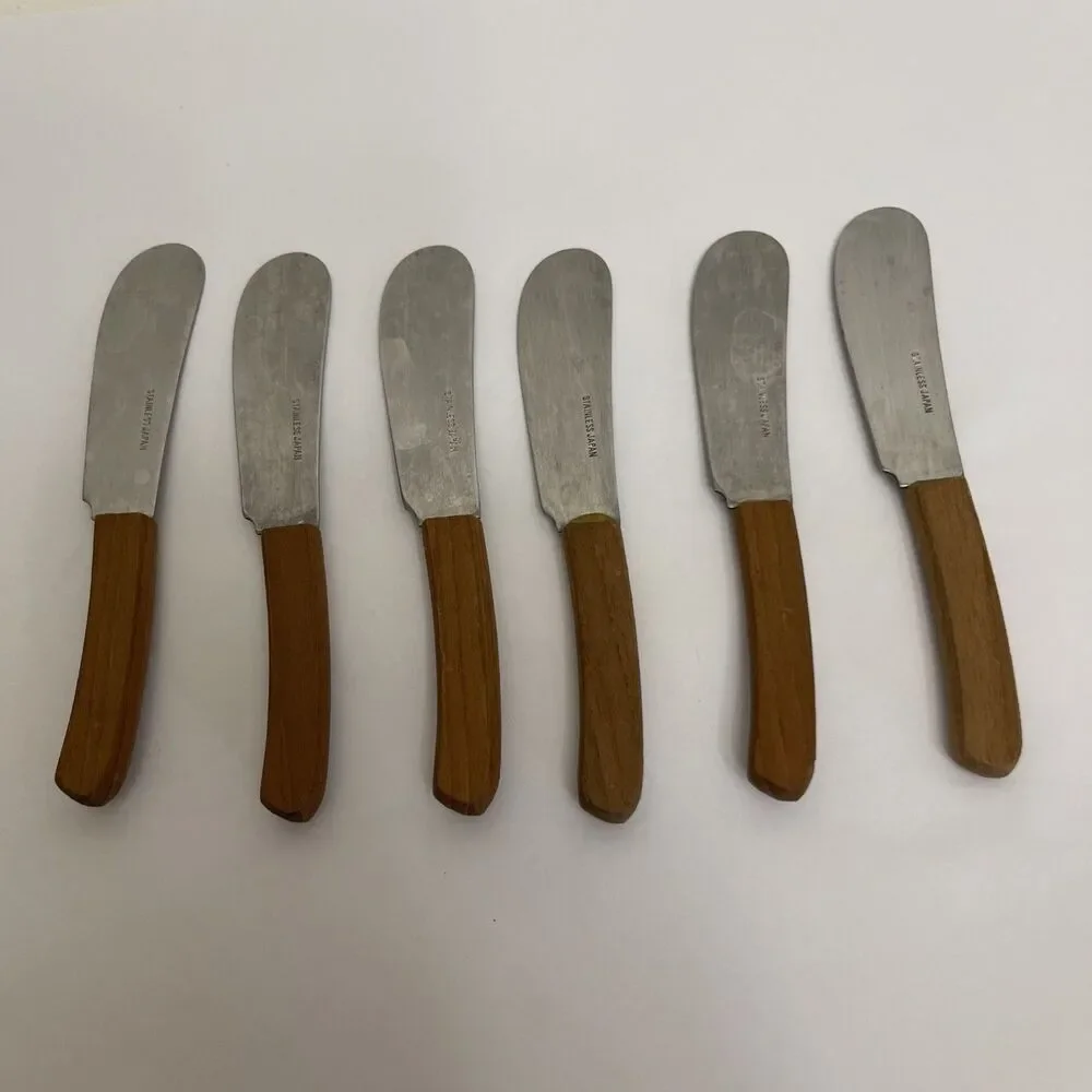 Vtg Stainless Canapé Knife Set Teak Handles Ontaguri Japan Spreaders Set Of 6